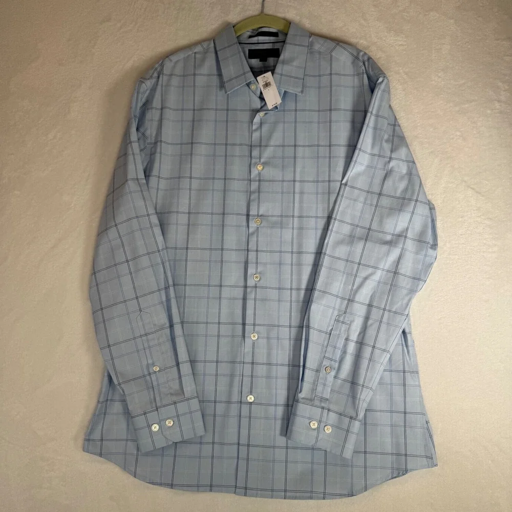 Banana Republic NEW Mens Athletic Fit Dress Shirt L Blue Plaid Wrinkle Resistant